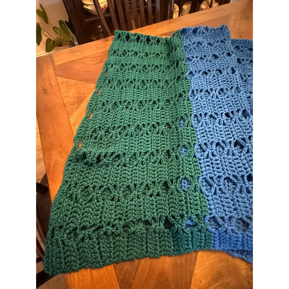 Handmade Granny Crochet Throw Blanket Green Blue Two Tone Open‎ Weave Boho Wrap